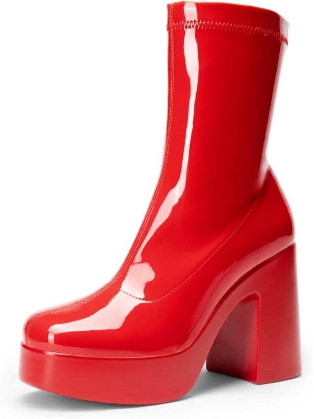 Women's Red Shinny Square Toe Gogo High Chunky Block Heel Casual Ankle Booties